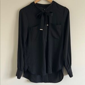 White House Black Market Black Tie Front Long Sleeve Blouse Size 8